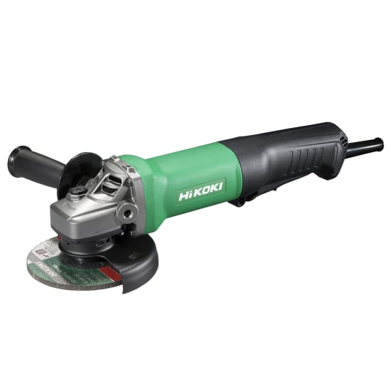 HiKOKI 1400W Paddle Switch Corded Angle Grinder with 125mm wheel, ergonomic handle, and tool-less guard for efficient grinding.