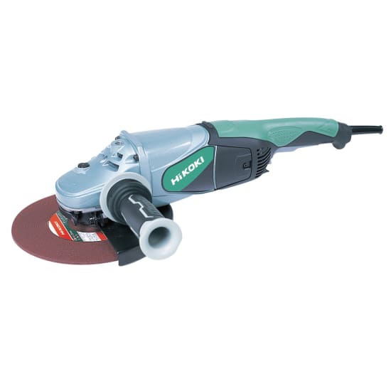 HiKOKI 2300W Heavy Duty Angle Grinder with 230mm wheel, features durable casing, anti-vibration handle, and easy trigger switch.