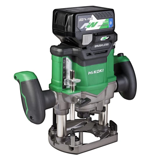 HiKOKI 36V Brushless Plunge Router Kit-1/2" with variable speed control, accurate depth adjustment, and two MULTI VOLT batteries.