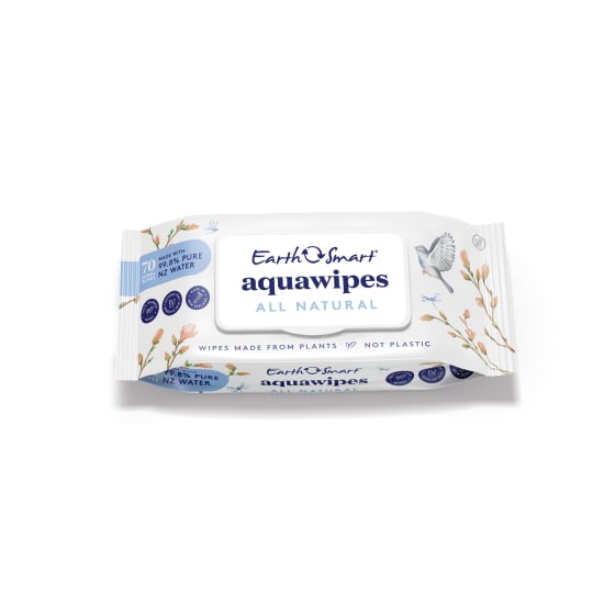 Eco-friendly Aqua Wipes with 99.6% pure New Zealand water, aloe vera, and biodegradable bamboo fiber for gentle cleansing.