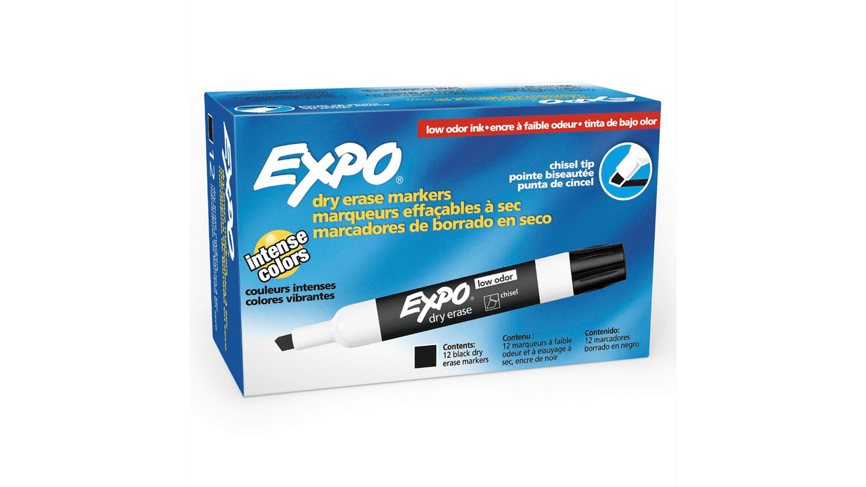 EXPO Low Odour Dry Erase Markers, Chisel Tip Black (Box of 12)