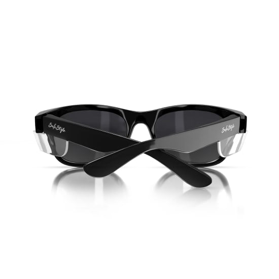 Sleek black polarised safety glasses with UV400 protection, ideal for style and durability in bright conditions.