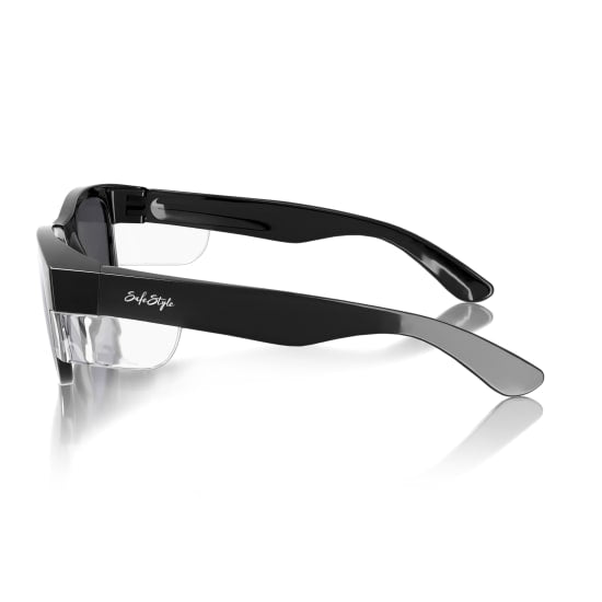 Stylish black frame polarised safety glasses with UV400 protection and impact-resistant polycarbonate lenses.