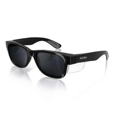 Black frame polarised safety glasses with UV400 protection, stylish and durable for outdoor activities and work.