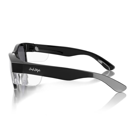 Stylish black frame safety glasses with tinted lenses and 99.95% UV protection for outdoor and industrial use.