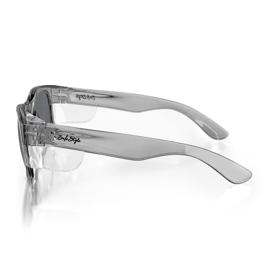 Graphite frame safety glasses with polarised lenses, offering 99.95% UV protection and stylish unisex design.