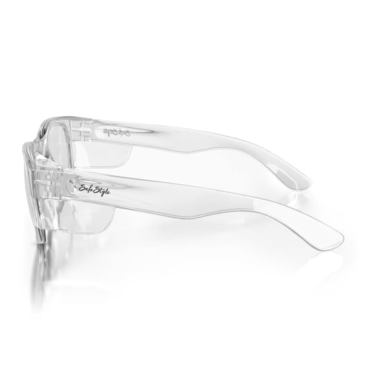 Clear safety glasses with UV400 protection, stylish unisex design, and durable polycarbonate frames for impact resistance.