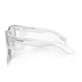 Clear safety glasses with UV400 protection, stylish unisex design, and durable polycarbonate frames for impact resistance.