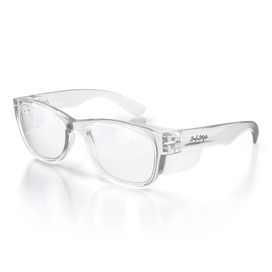 Clear safety glasses with a sleek frame offering UV400 protection, durable polycarbonate, and stylish unisex design for eye safety.