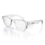 Clear safety glasses with a sleek frame offering UV400 protection, durable polycarbonate, and stylish unisex design for eye safety.