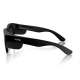 Stylish matte black safety glasses with polarised lenses, offering UV400 protection and impact resistance for outdoor activities.