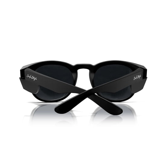 Matte black framed polarised safety glasses offering UV400 protection, perfect for outdoor activities and stylish eye safety.