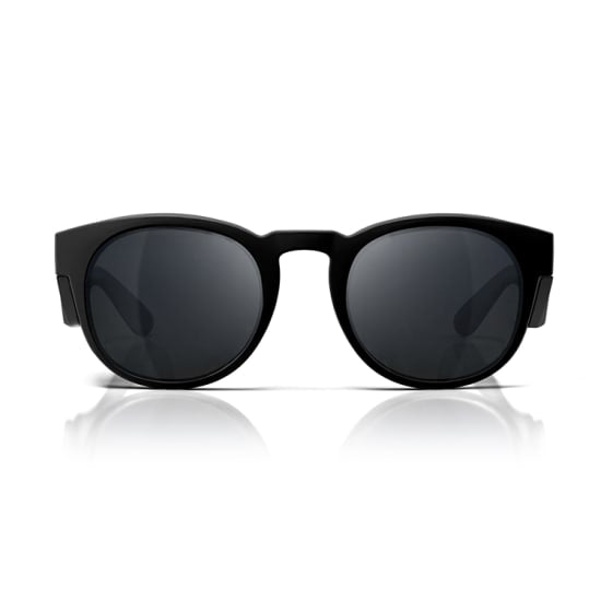 Stylish matte black polarised safety glasses offering UV400 protection, durable polycarbonate construction for outdoor activities.