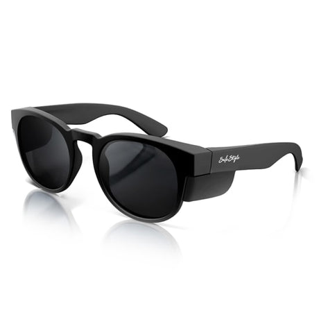 Matte black, stylish polarised safety glasses with UV400 protection for outdoor activities and certified compliance.