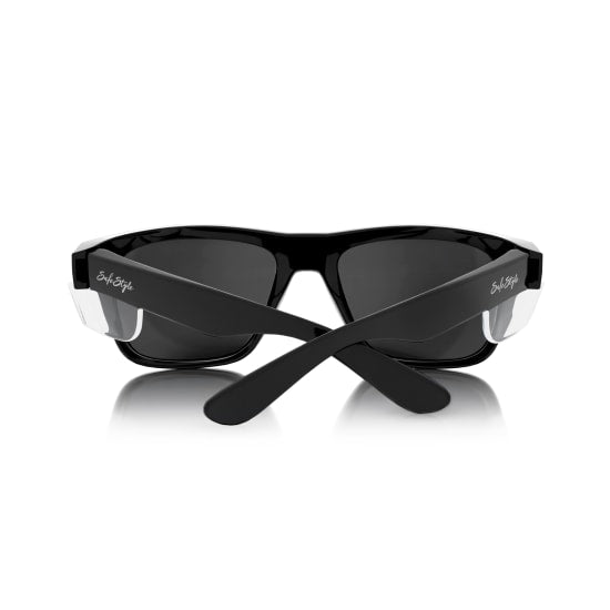 Safestyle Fusions Black Tinted Safety Glasses featuring a sleek frame, tinted lenses, and 99.95% UV protection for outdoor use.