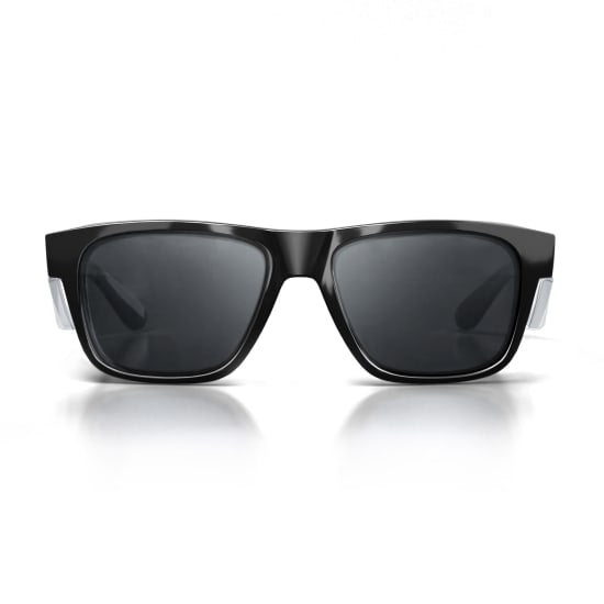Sleek black-tinted safety glasses with UV400 protection, durable polycarbonate frame, stylish unisex design for various activities.