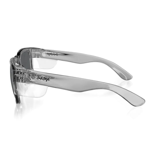 Polarised lens safety glasses with a graphite frame, offering 99.95% UV protection and stylish unisex design.