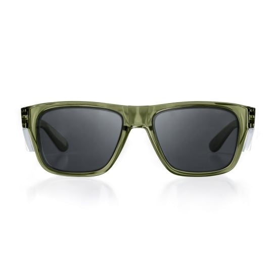 Green framed Safestyle Fusions Polarised Safety Glasses offer UV400 protection and a stylish unisex design for outdoor safety.
