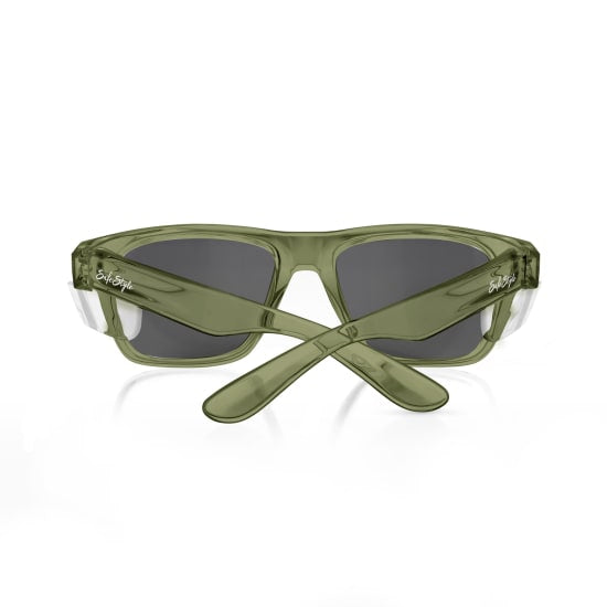Green-framed Safestyle Fusions Polarised Safety Glasses offering 99.95% UV protection, durable polycarbonate design, and unisex style.
