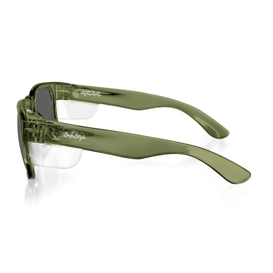 Polarised safety glasses with a green frame, UV400 lenses, and durable polycarbonate, ideal for style and protection.