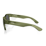Polarised safety glasses with a green frame, UV400 lenses, and durable polycarbonate, ideal for style and protection.