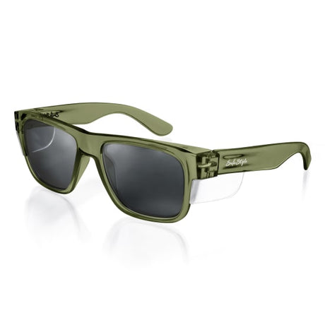 Polarised safety glasses with green frame, UV400 protection, and durable polycarbonate for style and outdoor safety.