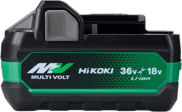 HiKOKI 18V/36V Multi Volt Battery with 2.5Ah/5Ah options, 1080W output, smart indicator, and rapid 32-min charging.