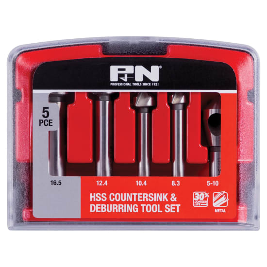 5-piece P+N HSS countersink and deburring tool set, designed for precision in metalworking with sizes 8.3mm to 16.5mm.