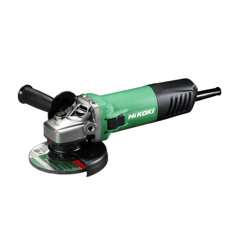 HiKOKI 1400W Heavy Duty Corded Angle Grinder with low-profile head, spindle lock, and ergonomic side handle for precision tasks.