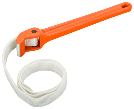 Bahco 300mm pipe wrench with nylon strap, ideal for narrow spaces and delicate tasks, optimized for oil filters up to 220mm.