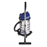 Kincrome Wet & Dry Garage Vacuum with 30L capacity, 1250W motor, 2-stage filtration, and 5m power cord for versatile cleaning.