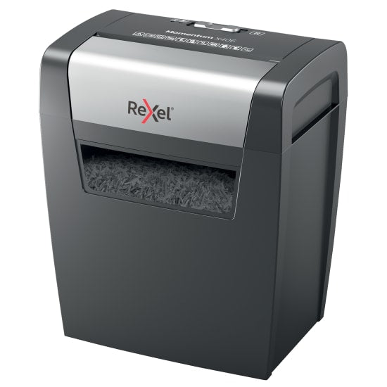 Rexel Momentum Shredder CROSS X406 efficiently shreds up to 6 sheets, ensuring document security with P-4 cross-cut capability.