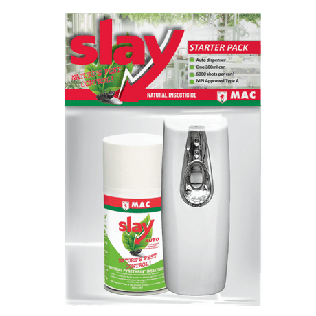 MAC Slay Natural Insecticide Starter Pack with programmable dispenser and 300ml can, safe for pets and children.