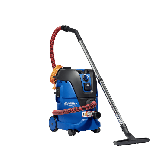 Nilfisk Aero 26-W2H vacuum: versatile wet & dry cleaner with Bluetooth control, noise-reducing design, and antistatic hose system.