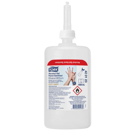 Tork Alcohol Gel Hand Sanitiser in a 1000ml bottle, clinically effective with 80% alcohol for maximum germ protection.