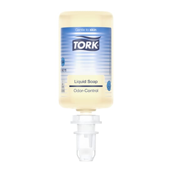 Tork S4 Odor-Control Liquid Soap in 1L bottle, effective for removing grease and food odors, gentle on skin.