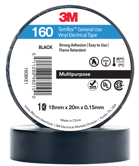 3M Temflex Vinyl Electrical Tape 160 in black, 18mm x 20m, durable, flame retardant, ideal for insulation and phase coding.