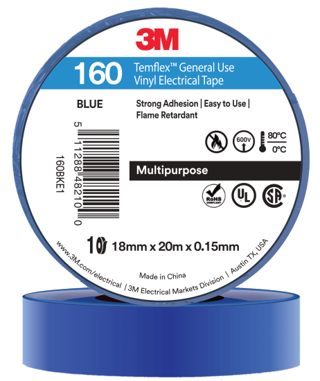 3M Temflex Vinyl Electrical Tape 160 in blue, 18mm x 20m, durable and flame-retardant for versatile electrical applications.