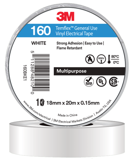 3M Temflex Vinyl Electrical Tape 160 in white, 18mm x 20m, durable, flexible, flame-retardant, ideal for electrical insulation.