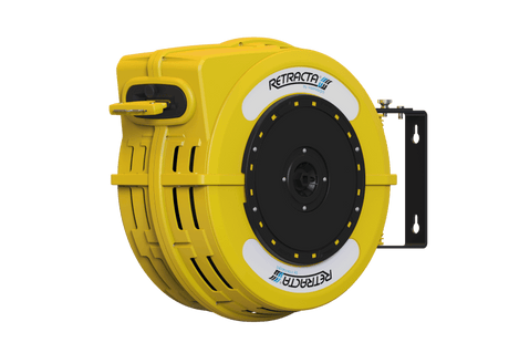 Retracta C1 yellow and black caution tape barrier reel, 48mm x 25m, ideal for crowd control and safety management.
