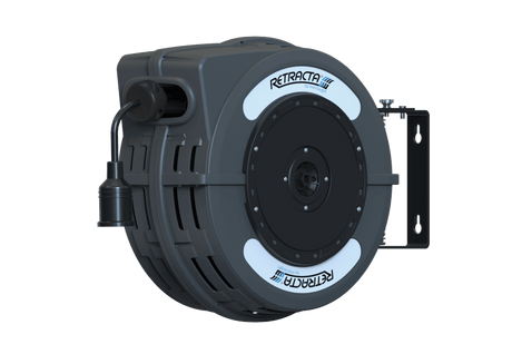 Retracta C1 Electrical Cable Reel in dark grey; 20m retractable cable with thermal overload protection for efficient cable management.