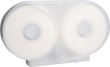 Double Jumbo Toilet Tissue Dispenser in white, holds two jumbo rolls, ideal for high-traffic restrooms and easy to refill.