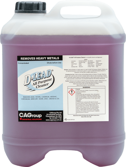 D-Lead Metal Removal Cleaner in a 20L container, designed to safely remove heavy metals and contaminants from surfaces.