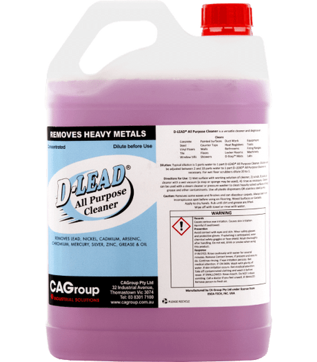 D-Lead Metal Remover 5L bottle, an all-purpose cleaner for safely removing heavy metals and contaminants from surfaces.