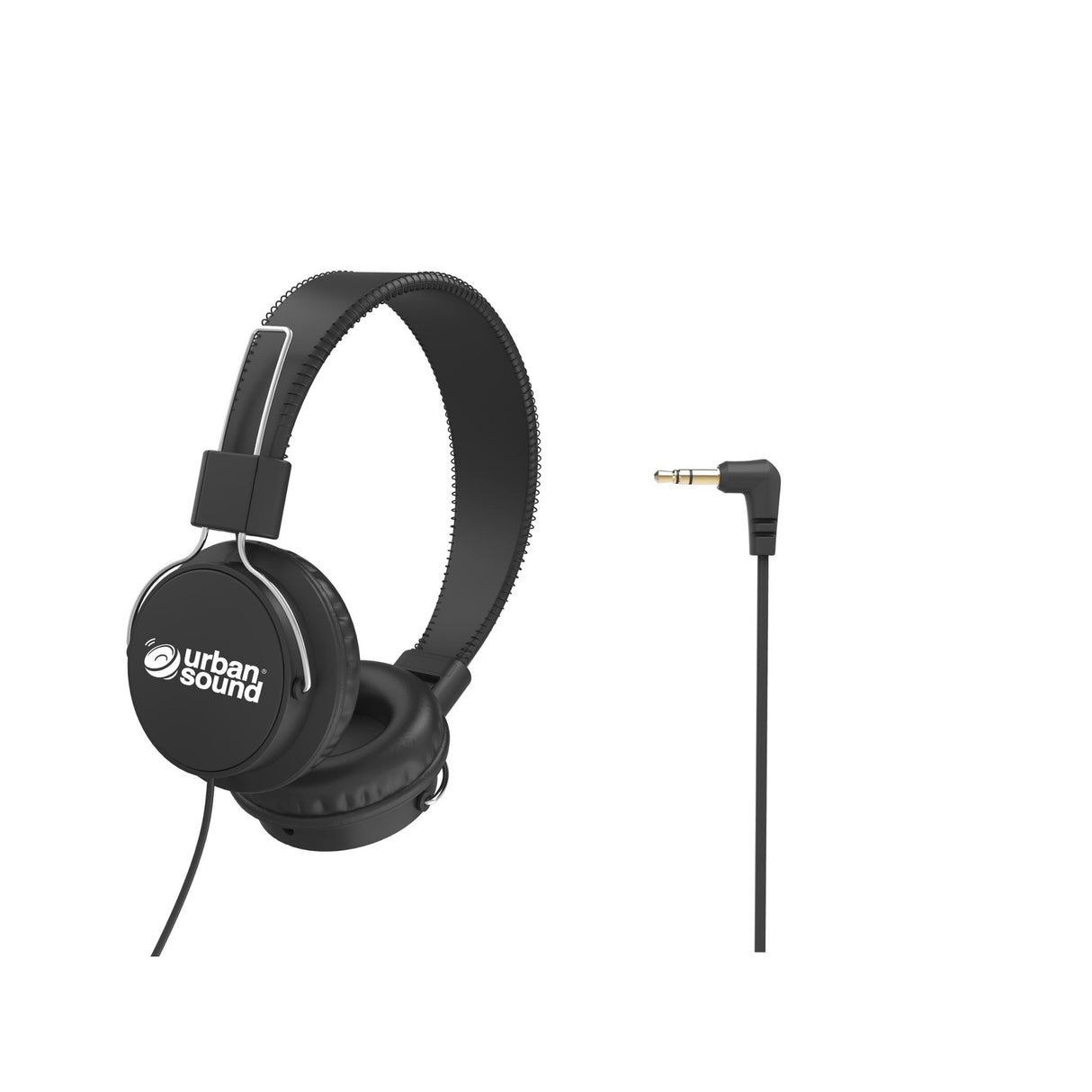 Sleek black headphones for kids with volume limit at 85dB, detachable cable, and adjustable fit for comfort and safety.