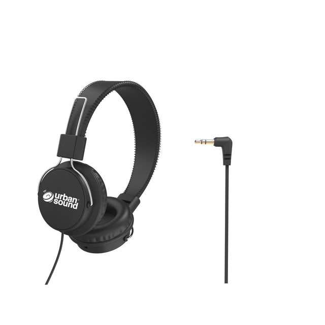 Sleek black headphones for kids with volume limit at 85dB, detachable cable, and adjustable fit for comfort and safety.