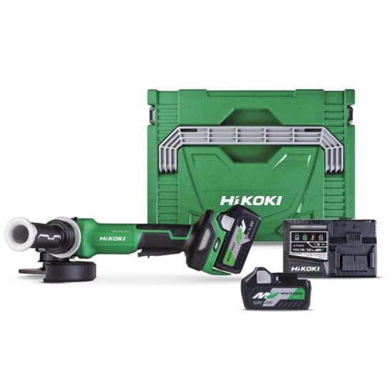 HiKOKI 36V cordless angle grinder with paddle switch, 125mm wheel, safety features, 2 batteries, and LED lights for visibility.