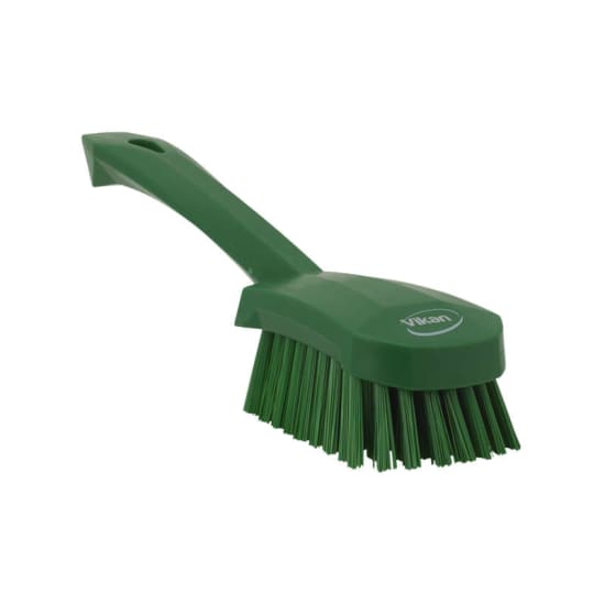 Vikan Short Handled Washing Brush in green with stiff bristles, designed for efficient cleaning of tough dirt in various industries.