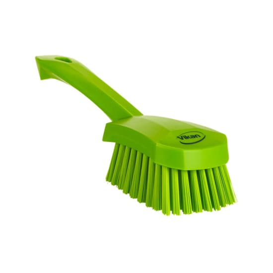 Vikan short handled washing brush in lime green, 270mm, with stiff bristles for effective cleaning of tough dirt and grime.