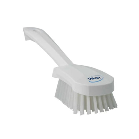 Vikan short handled washing brush with stiff bristles, ergonomic design for effective cleaning of tough dirt and grime.